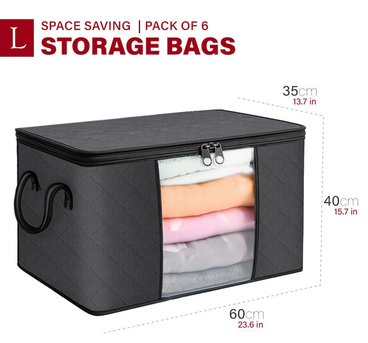 Lakhmaali 90L Large Storage Bags 6 Pack, Strong 120 GSM Thick Water-Resistant Fabric, Foldable Clothes Storage Bins with Clear Window & Reinforced Handles, Closet Organizers Containers