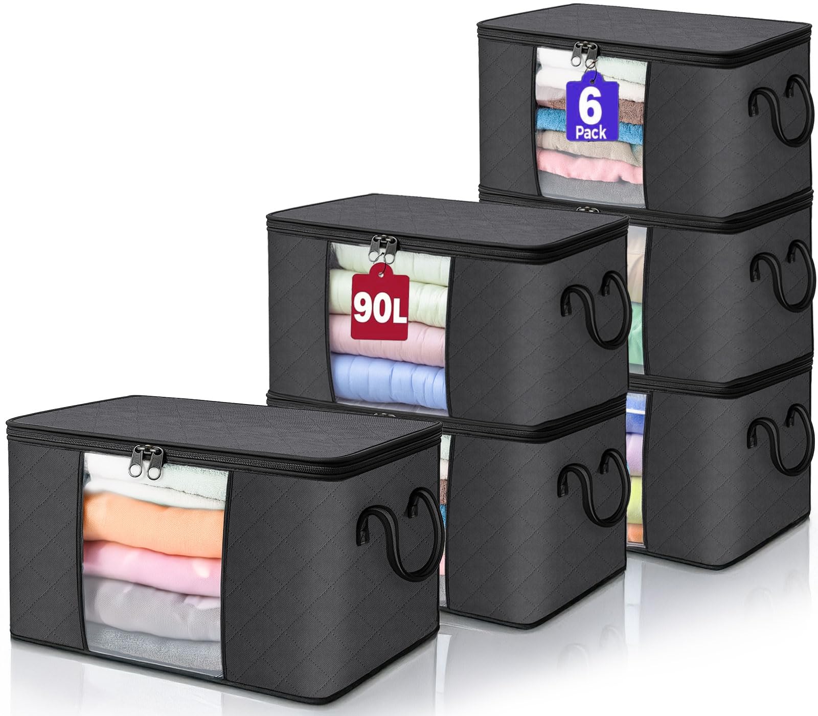 Lakhmaali 90L Large Storage Bags 6 Pack, Strong 120 GSM Thick Water-Resistant Fabric, Foldable Clothes Storage Bins with Clear Window & Reinforced Handles, Closet Organizers Containers
