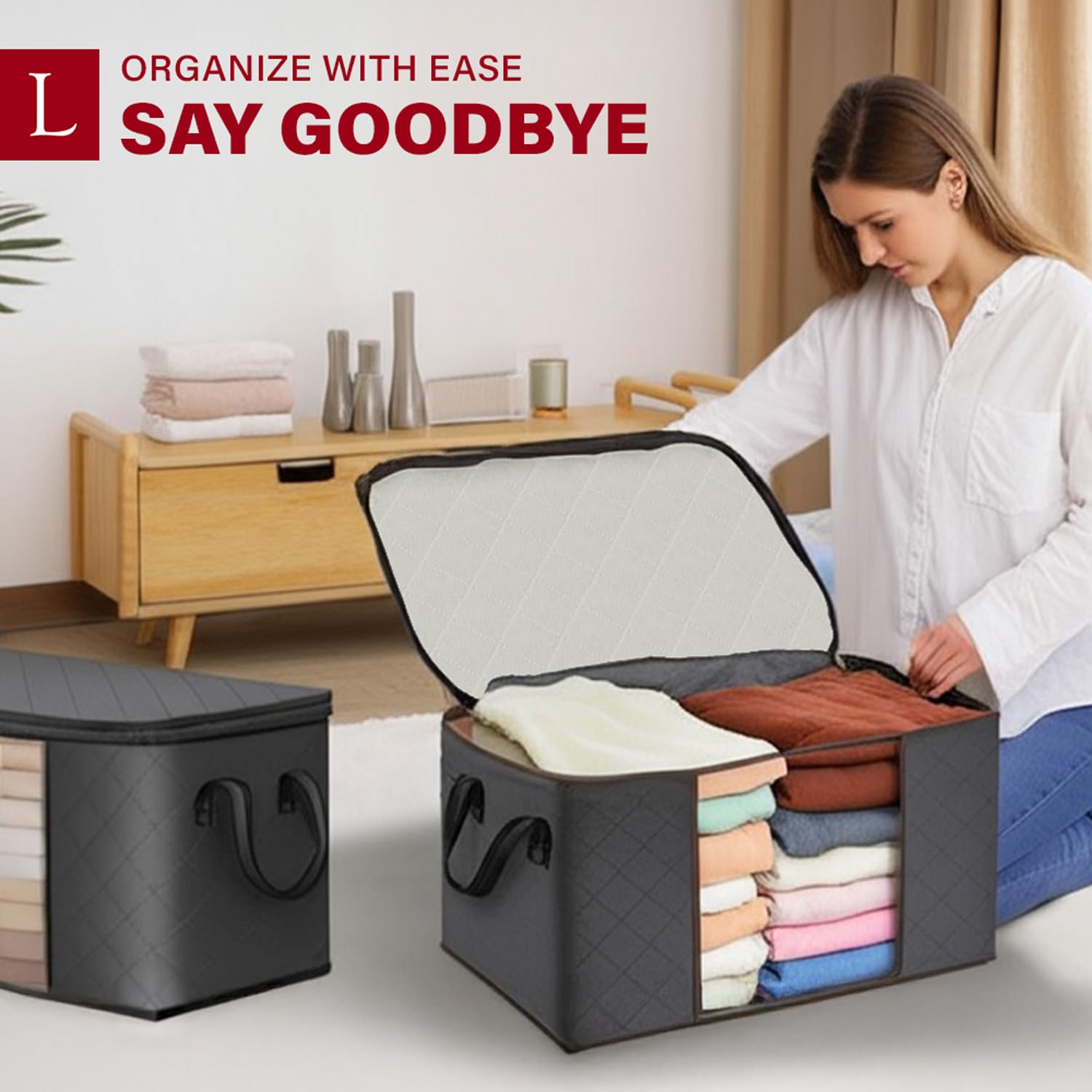 Lakhmaali 90L Large Storage Bags 6 Pack, Strong 120 GSM Thick Water-Resistant Fabric, Foldable Clothes Storage Bins with Clear Window & Reinforced Handles, Closet Organizers Containers