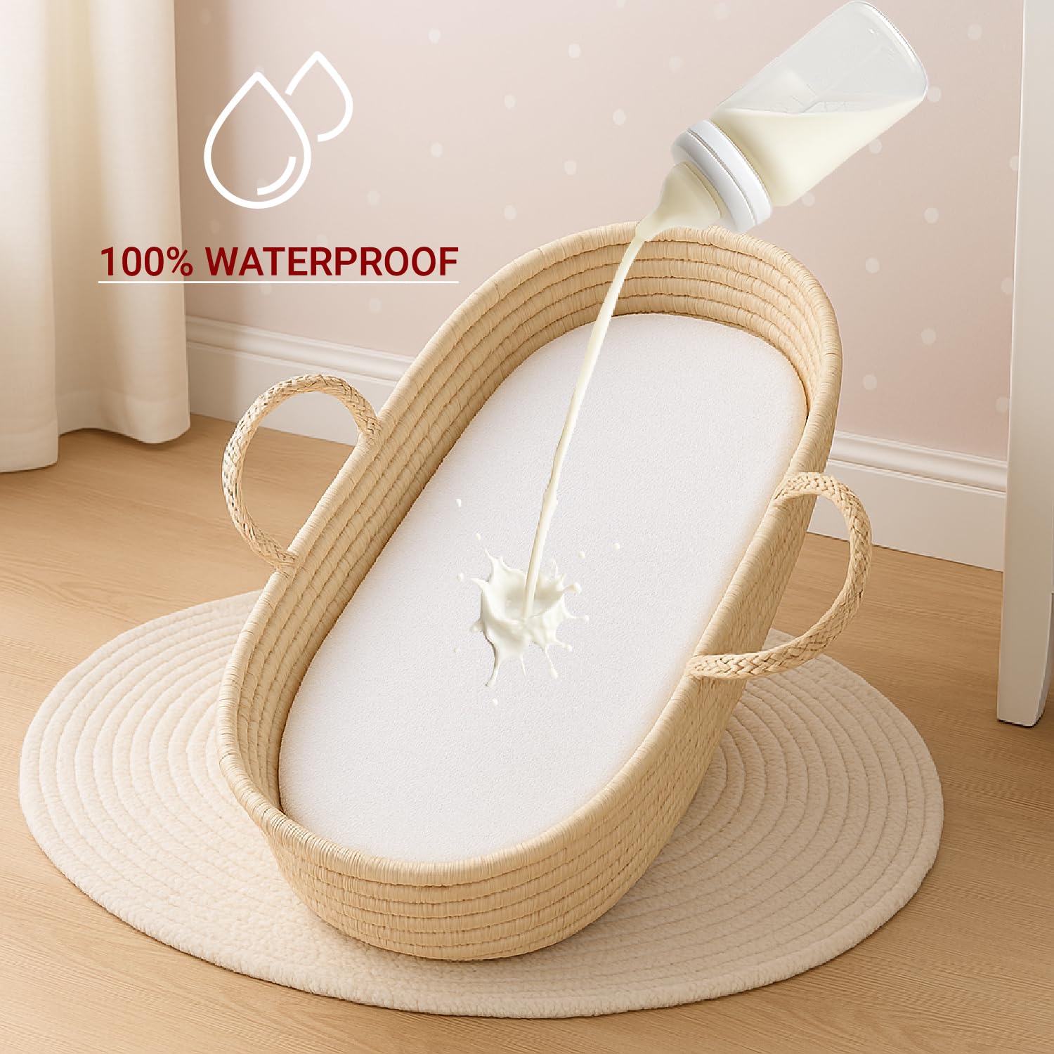 2x 100% Waterproof Moses Basket Mattress Protector with 155 GSM Terry Towelling Fabric - Soft, Non-Noisy & Non-Allergenic Fitted Sheet (35 X 75 cm)