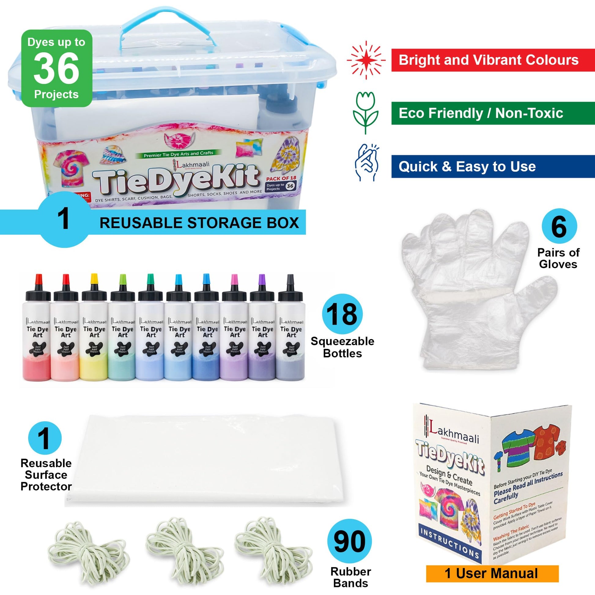 18 Colour Tie Dye Kit with Gloves & Rubber Bands, Concentrated Colour Powders, Craft Kit for T-Shirts, Hoodies, Tote Bags, Socks, Cushions & Canvas Shoes, Ideal for DIY Fashion, Games & Activities