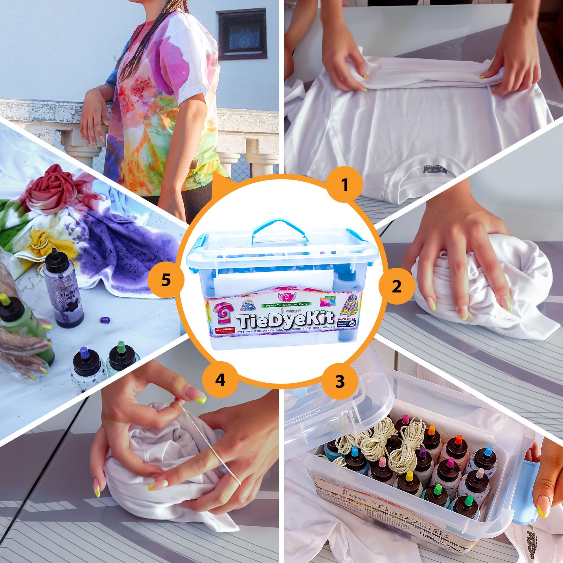 18 Colour Tie Dye Kit with Gloves & Rubber Bands, Concentrated Colour Powders, Craft Kit for T-Shirts, Hoodies, Tote Bags, Socks, Cushions & Canvas Shoes, Ideal for DIY Fashion, Games & Activities